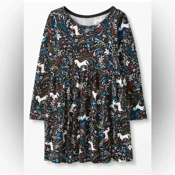 Girl HANNA ANDERRSON black Unicorn Floral Print Pocket L/s Play Dress Sz 5 EUC